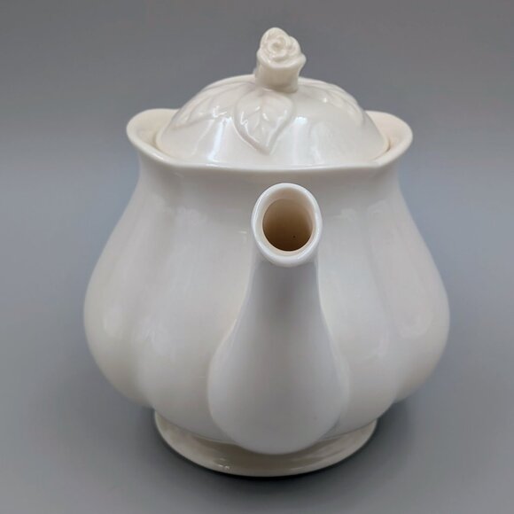Vintage I. Godinger White Ceramic Teapot - Sculptured Rose Handle and Lid Finial - Picture 3 of 7